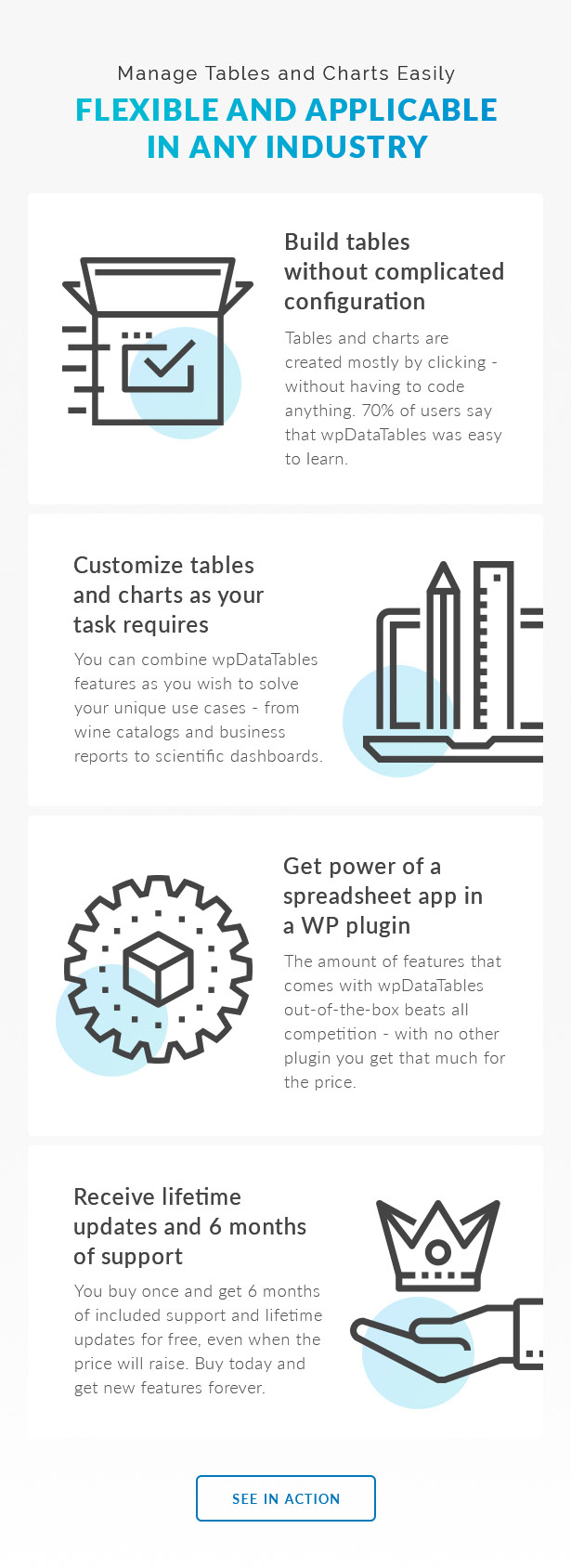 wpDataTables is a #1 Tables And Charts Plugin for WordPress