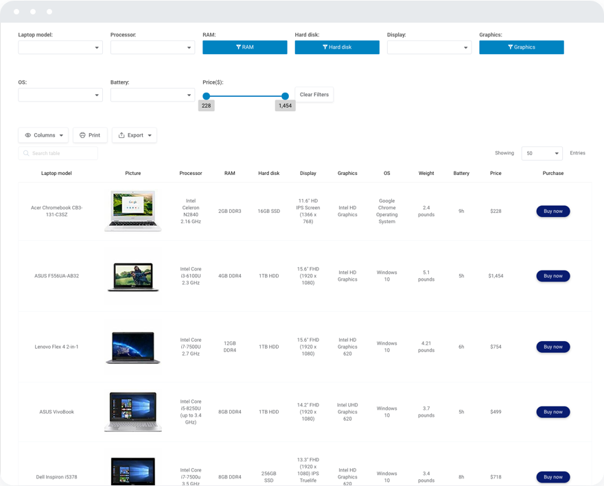 Laptop online catalog table