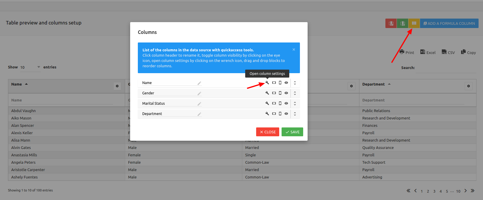 Column settings