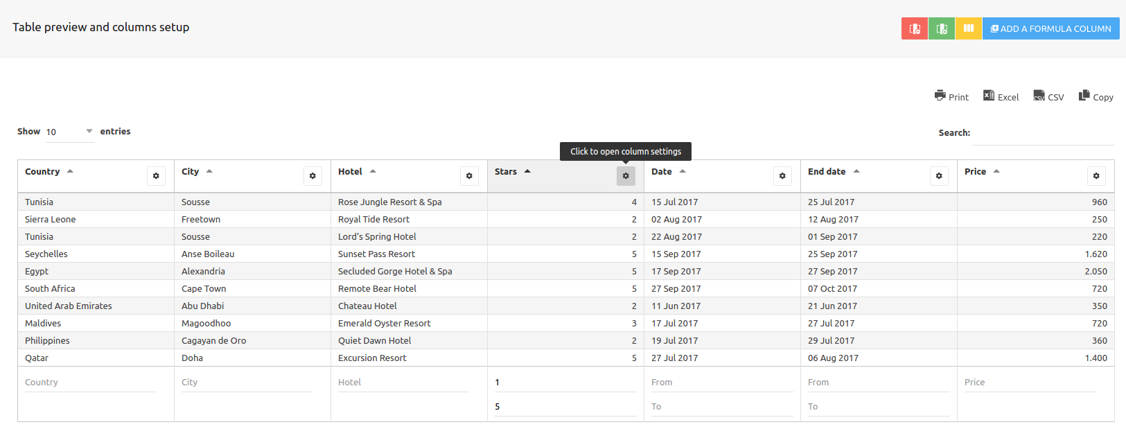 Excel column settings