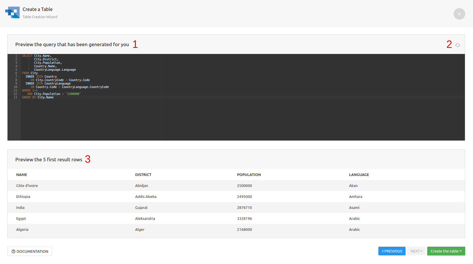 Create a MySQL-query-based table by querying a database 