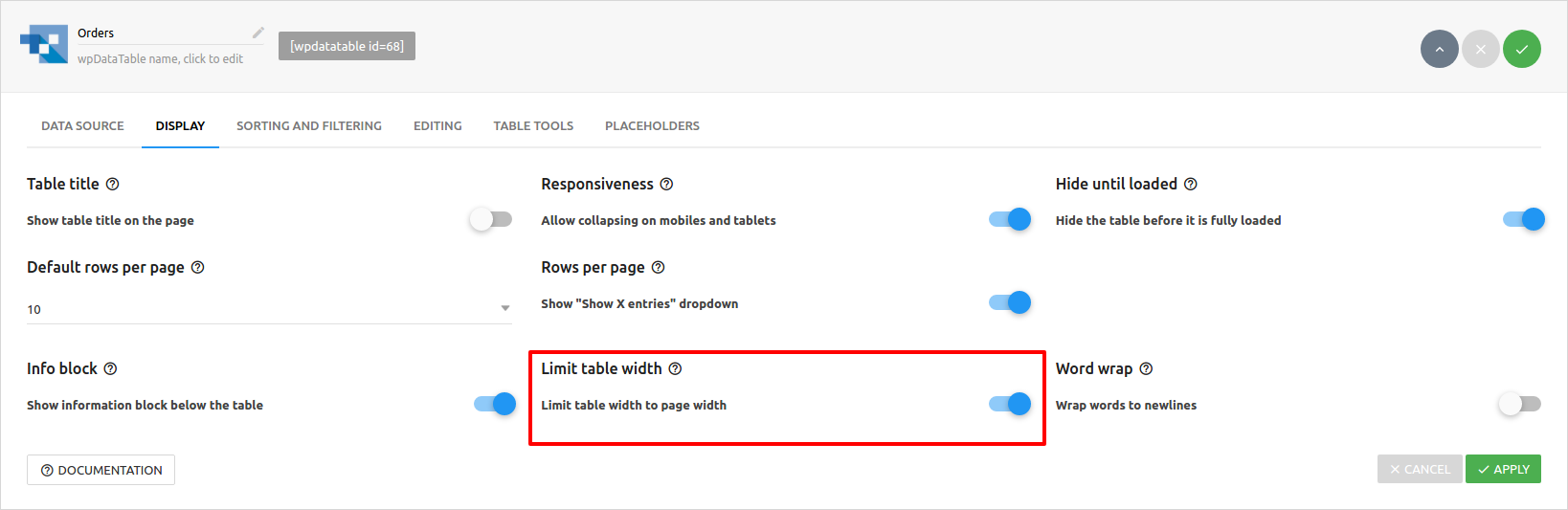 wpDataTables limit table width