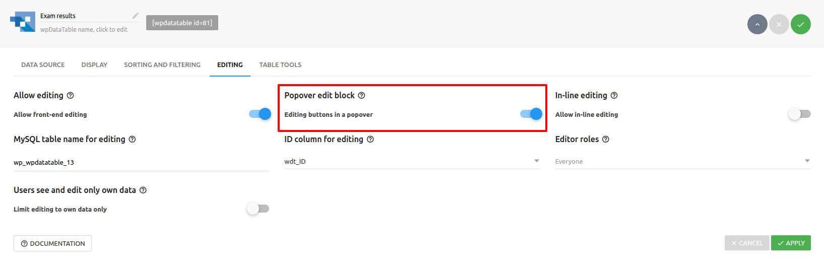 wpDataTables Popover Tools