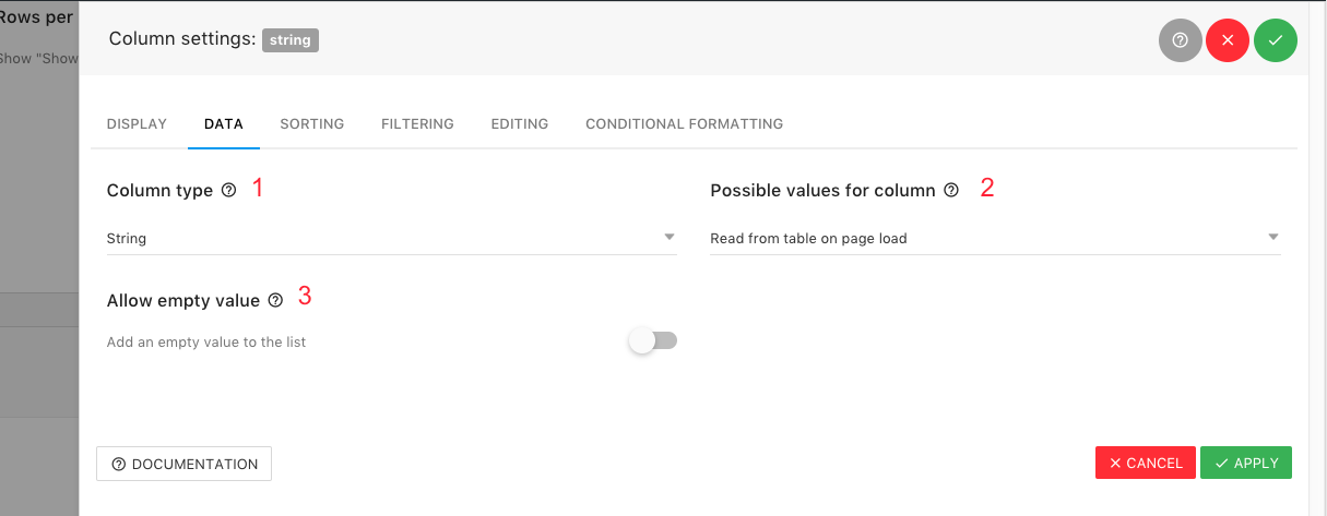 Column Settings - Data