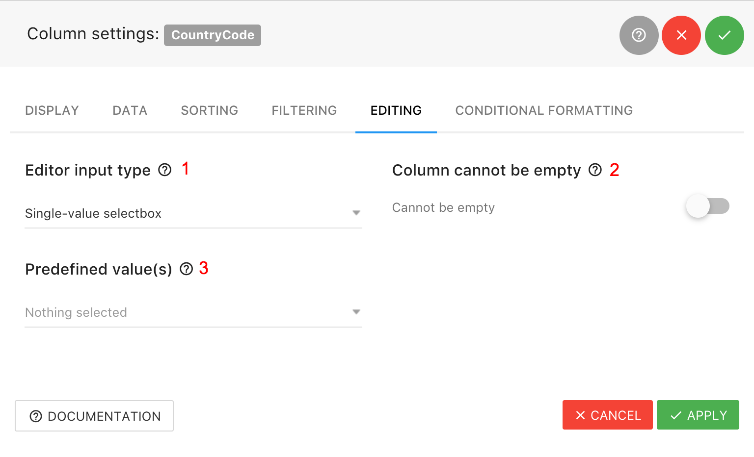Column Settings - Editing