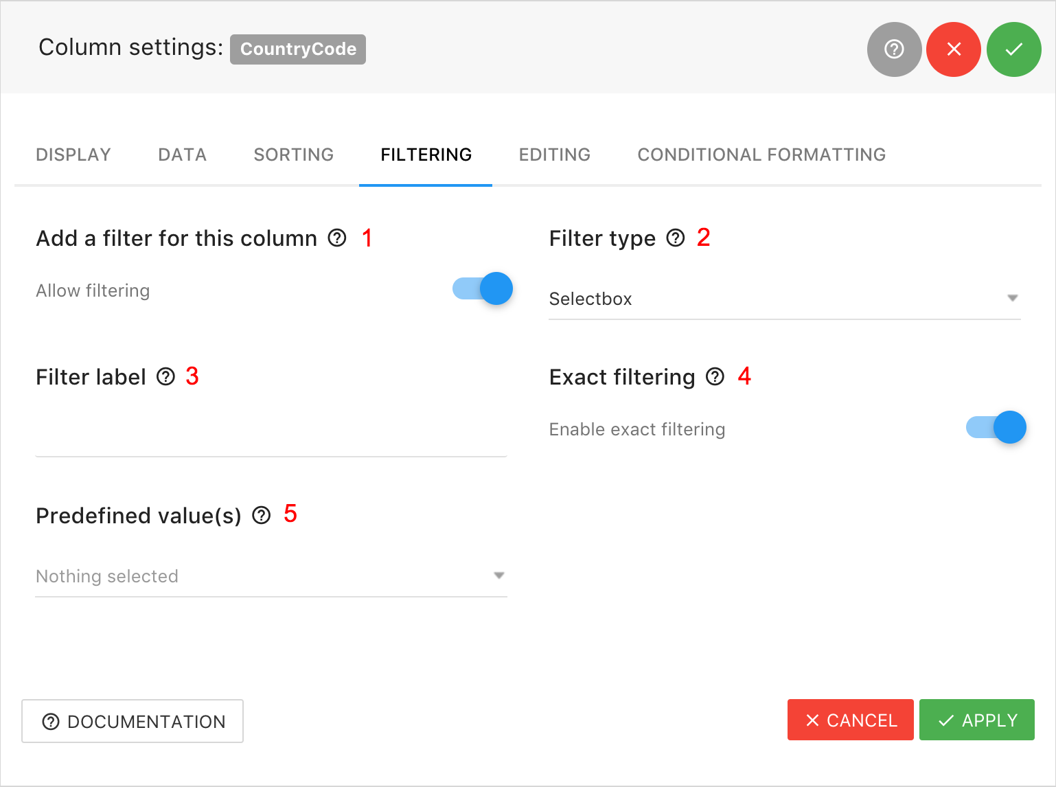Column Settings - Filtering