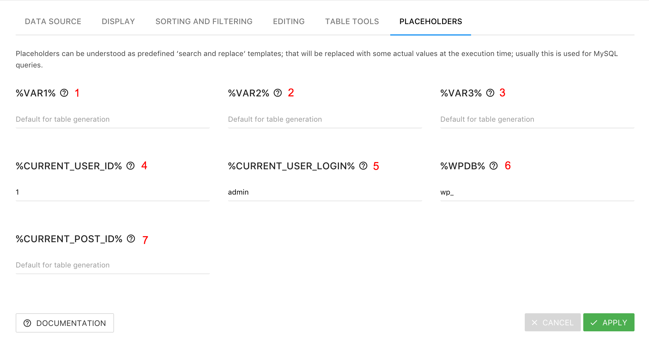 Table Config - Placeholders