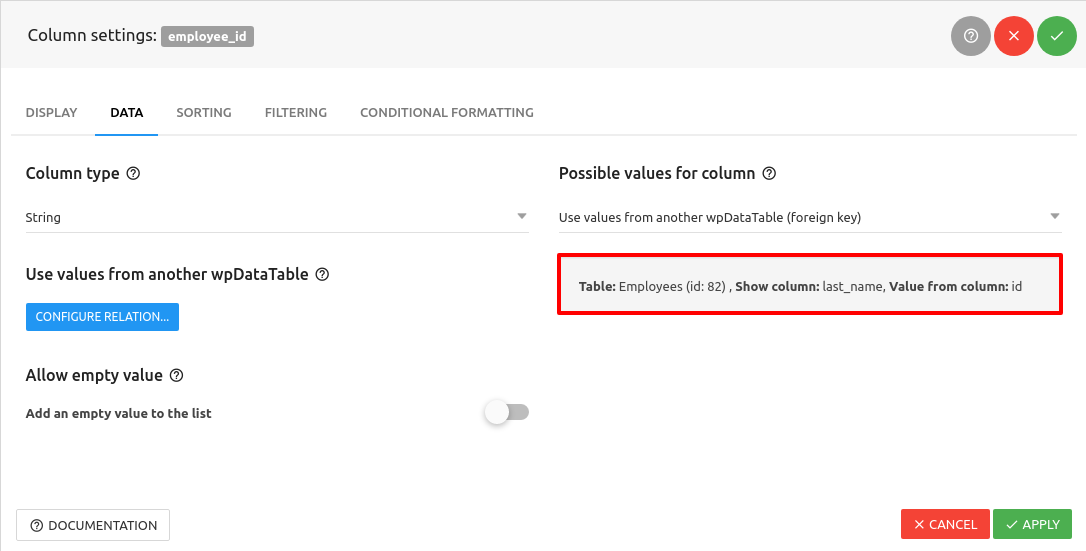 Foreign key Configure relation