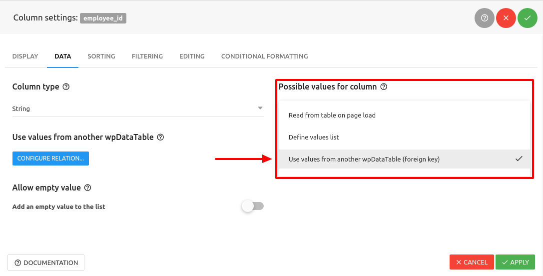 Foreign key Possible values