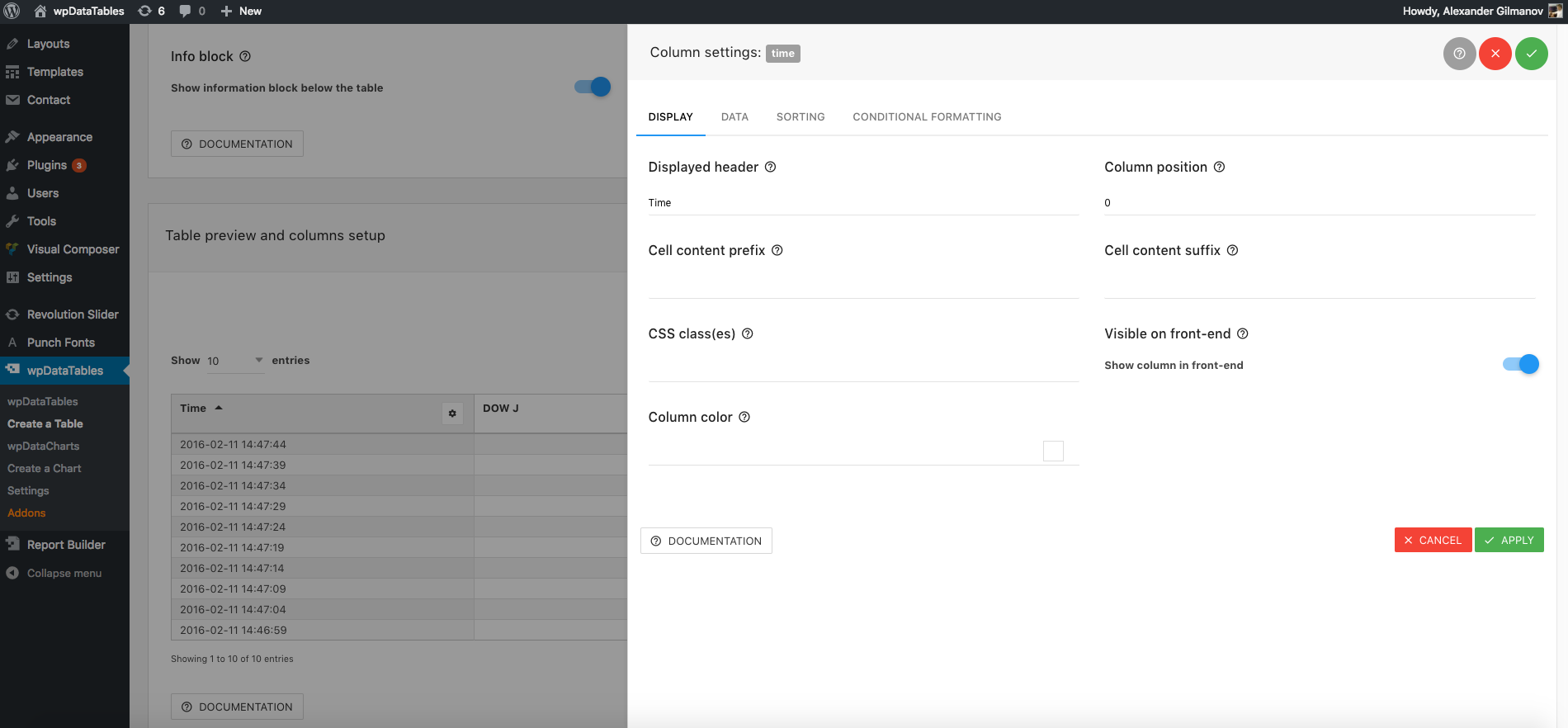 Column settings modal