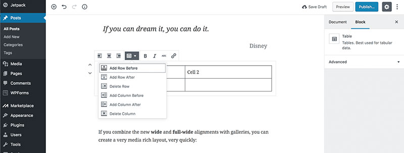 how to insert a table in word press