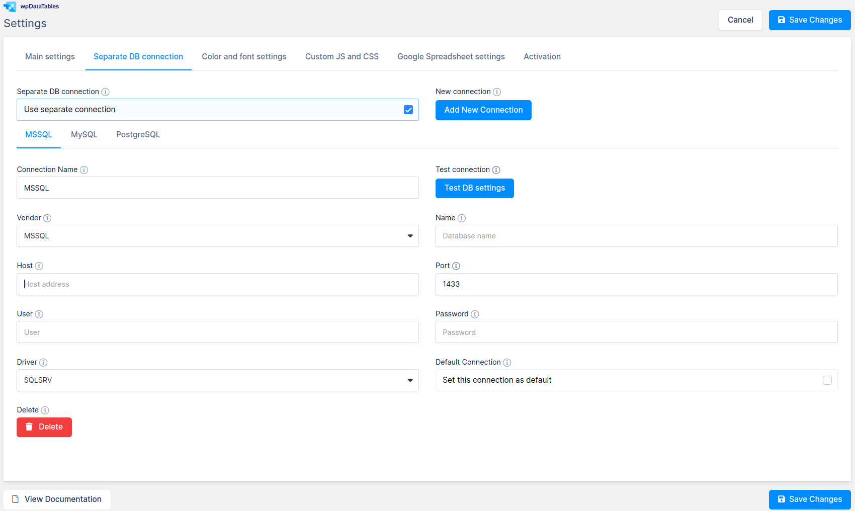 Separate database connection