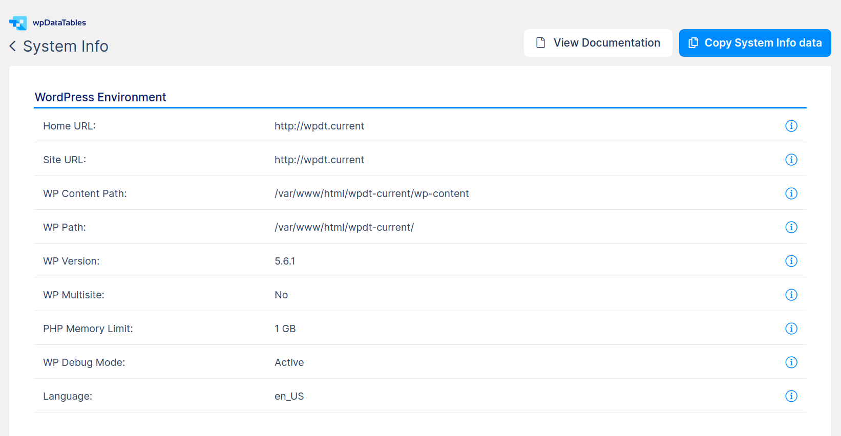 System info for wpDataTables