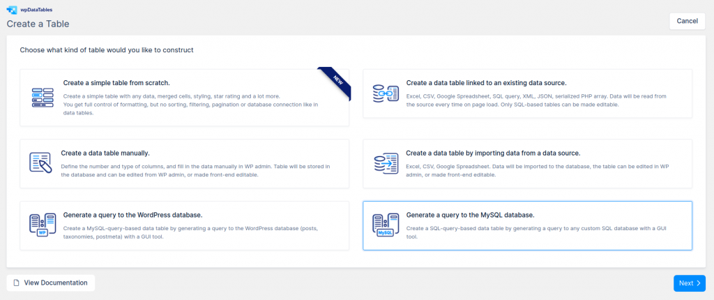 Create a MySQL-query-based table by querying a database