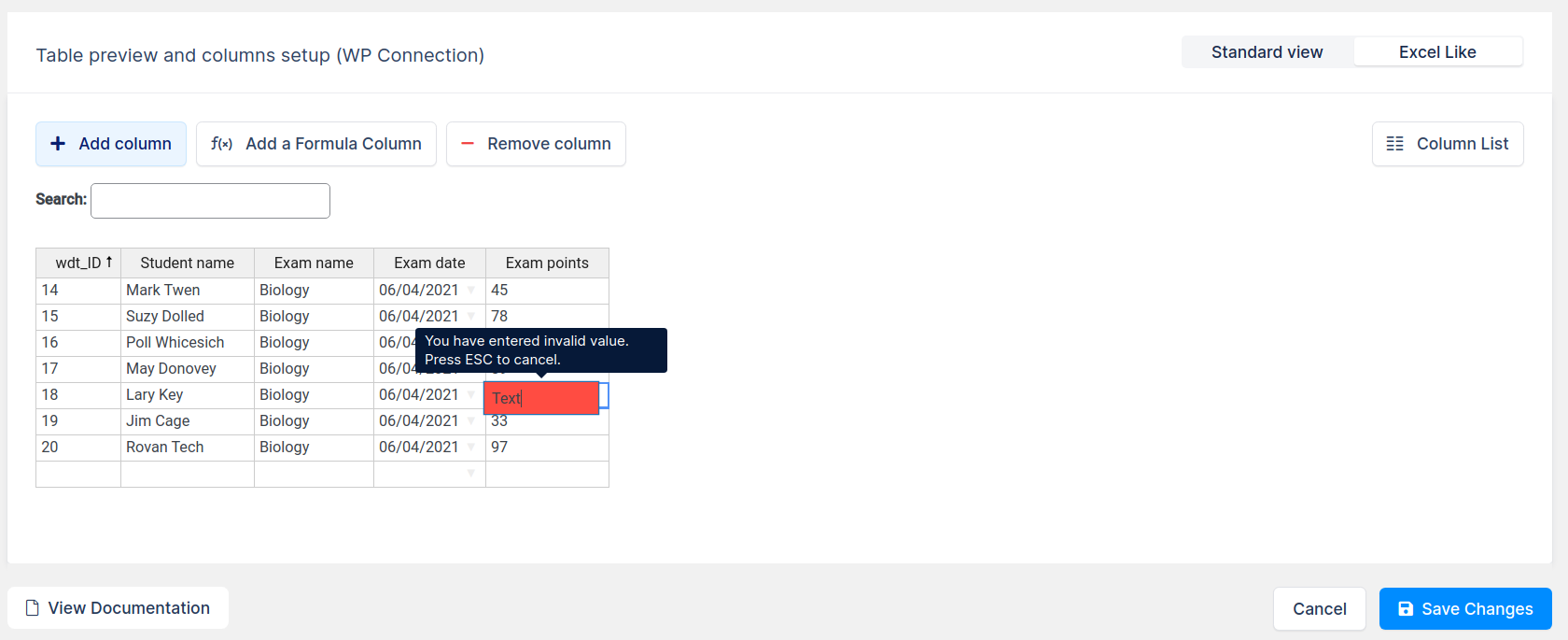 Excel like table cell validation