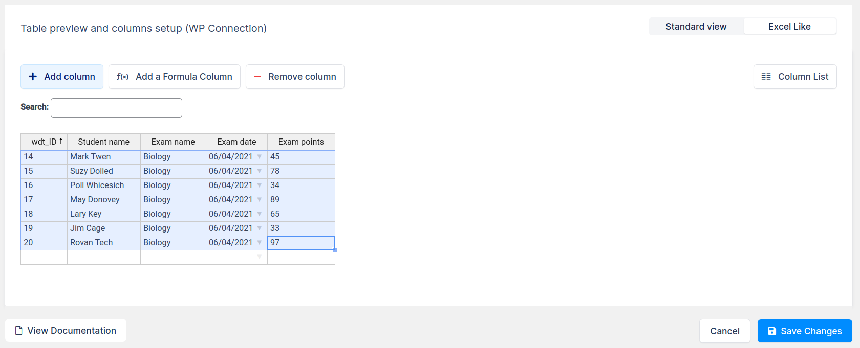 Excel like table more copy