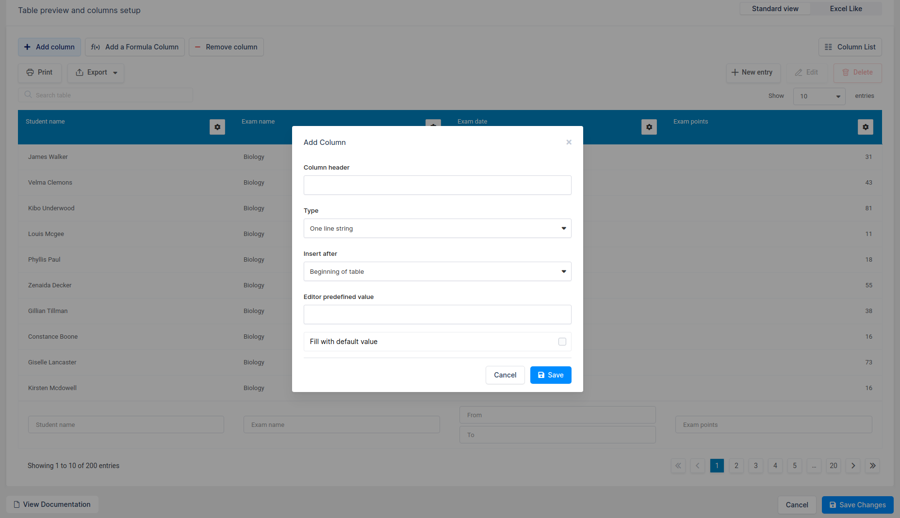 Add column modal in WordPress table