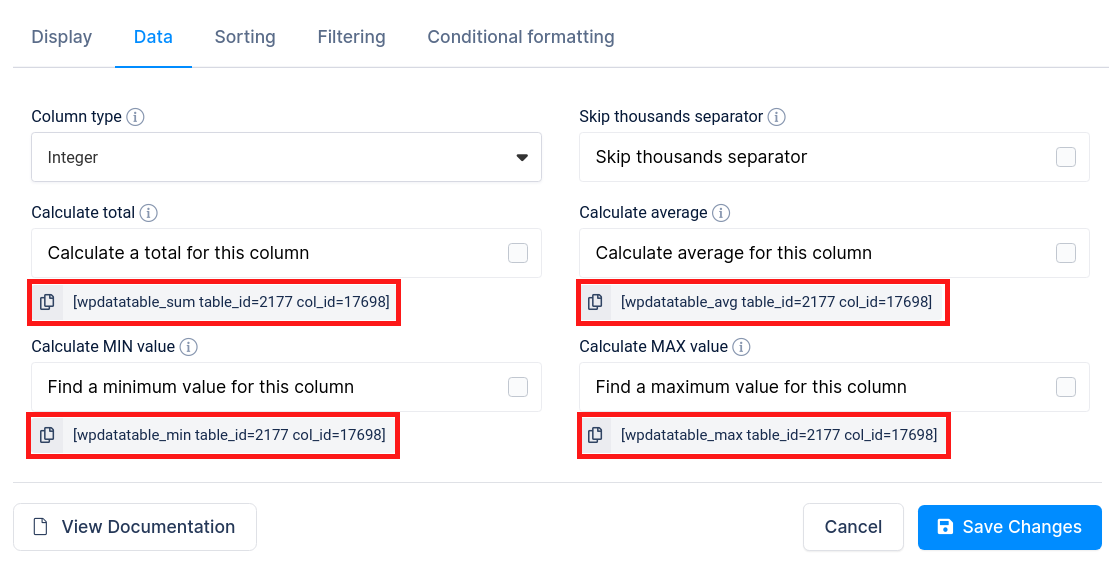 Calculation functions shortcodes