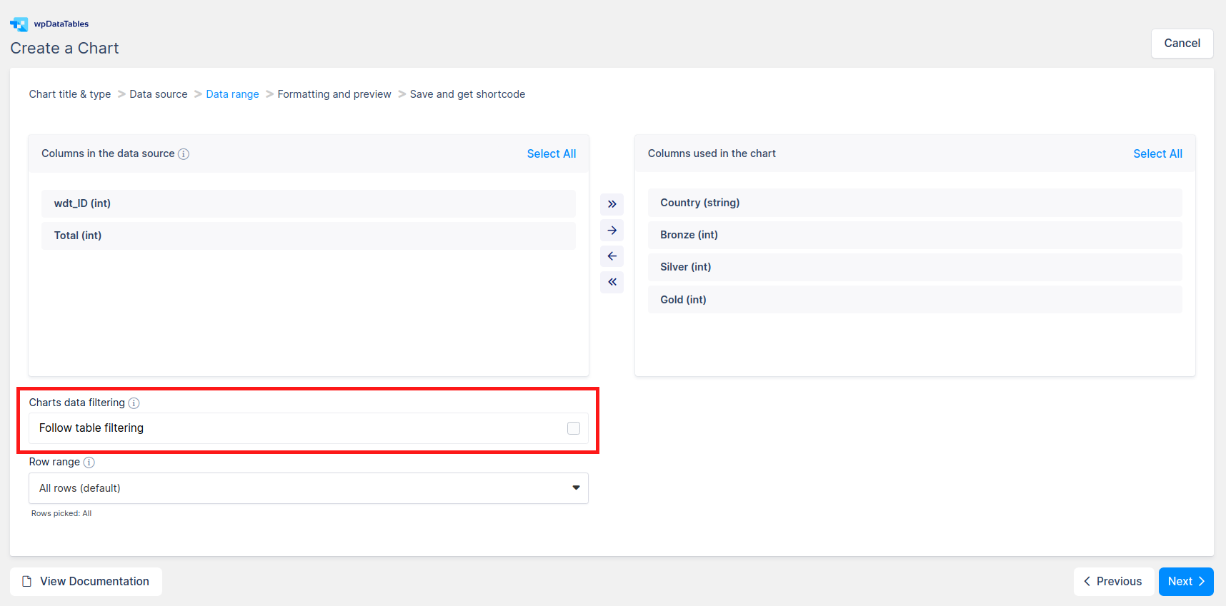 Folow table filtering in WordPress charts