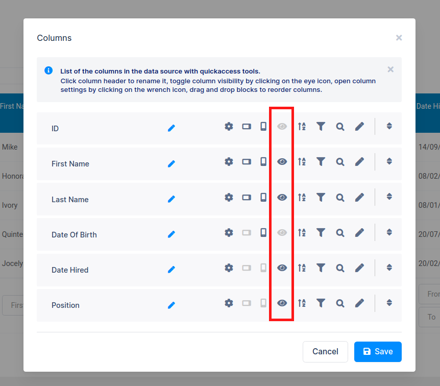 Short access for column visibility