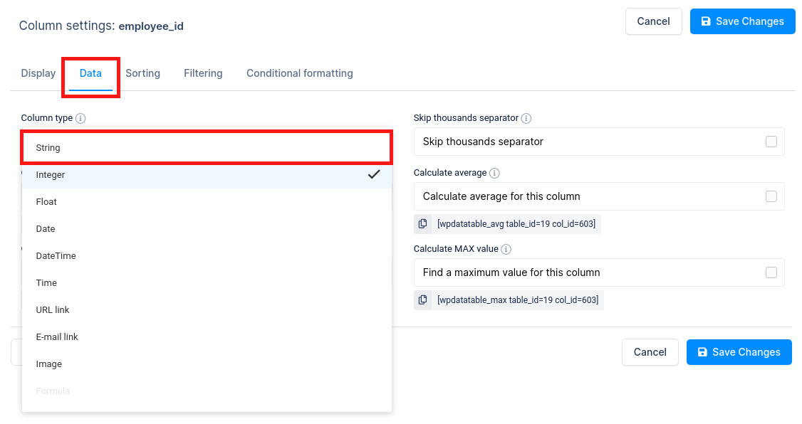 Employee column settings