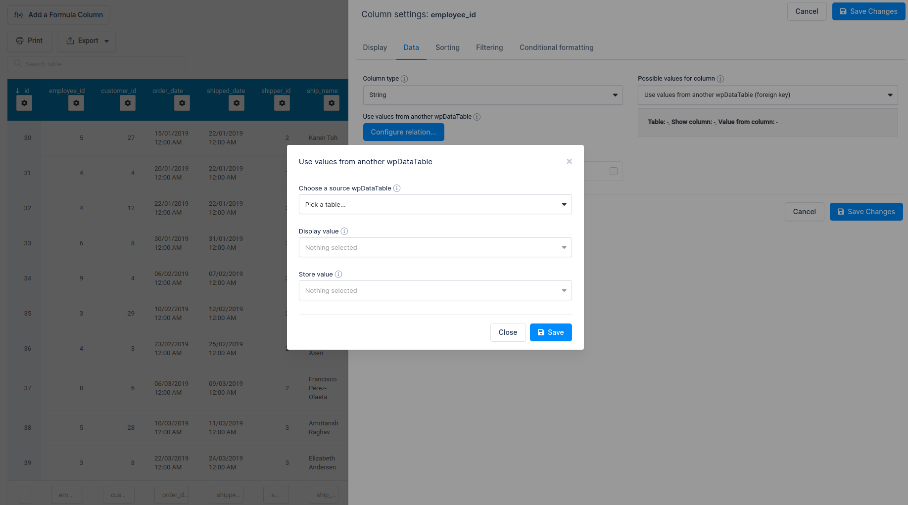 Foreign key modal