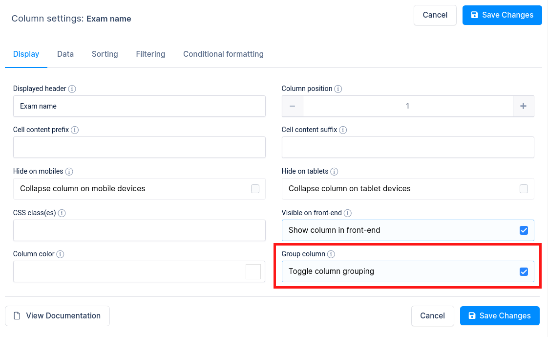 Row grouping option