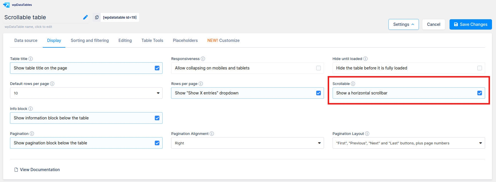 Scrollable table option