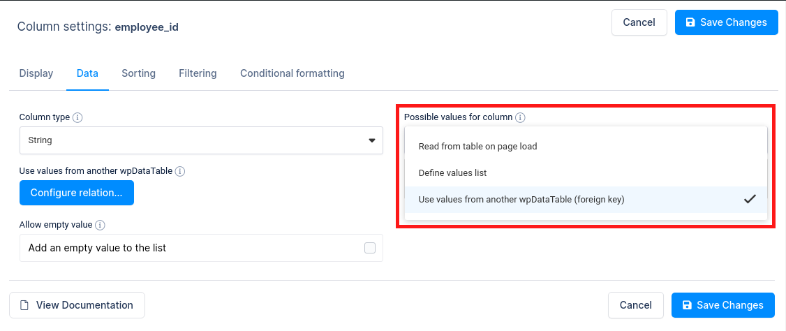 Foreign key settings option