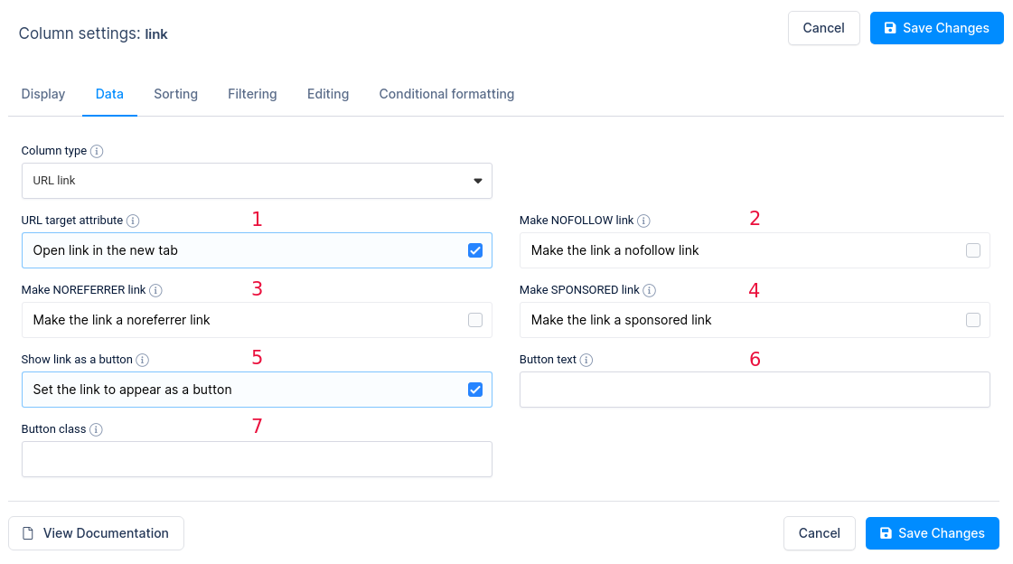 Link column settings