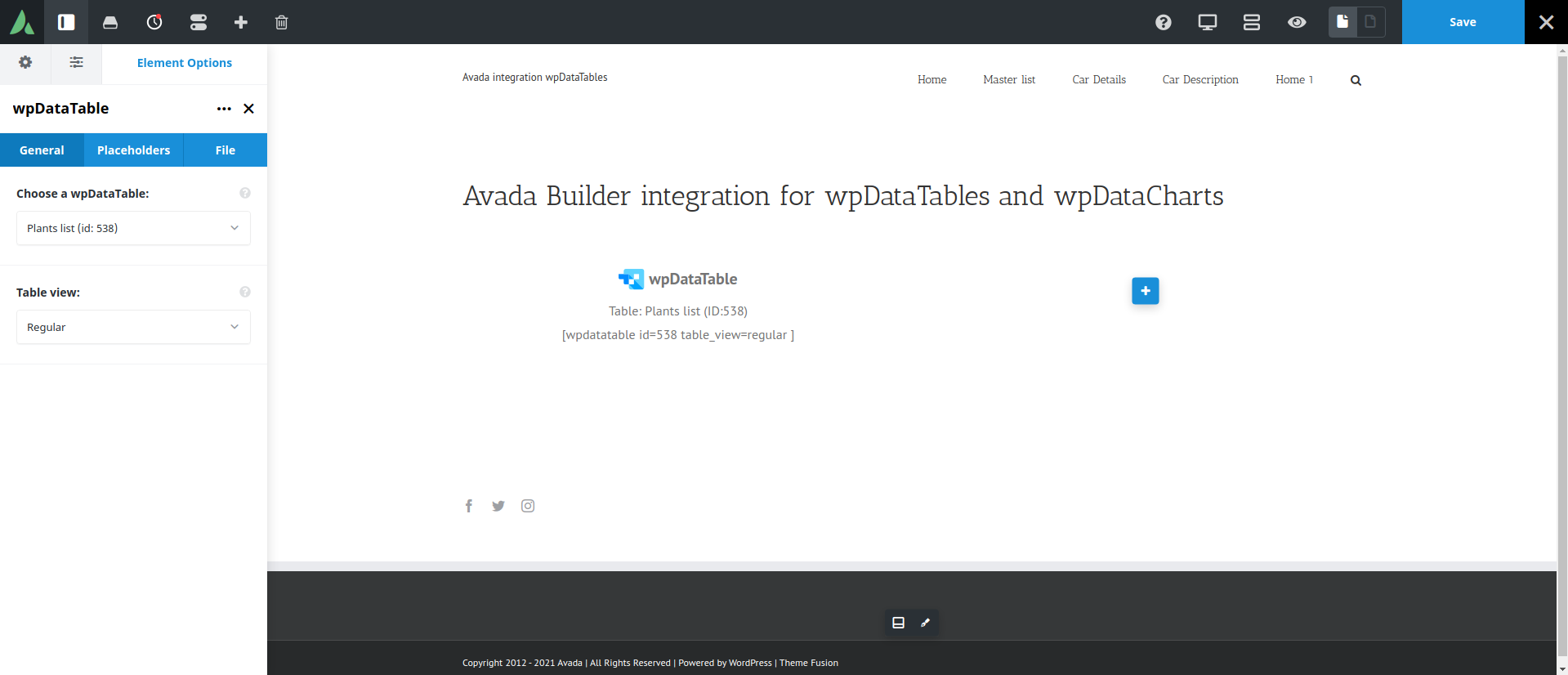 Avada live editor wpdatatables shortcode