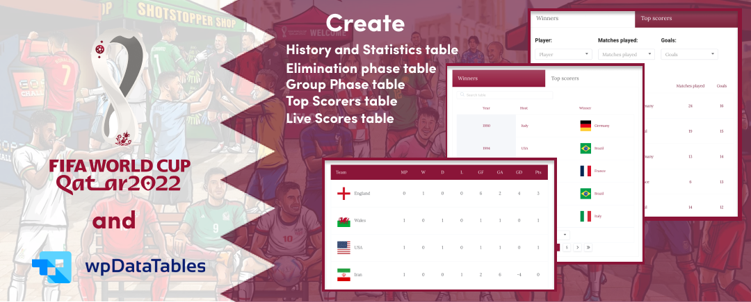 Vector table of the group stage of the World Football Championship 2022.  Each group is in a different color Stock Vector