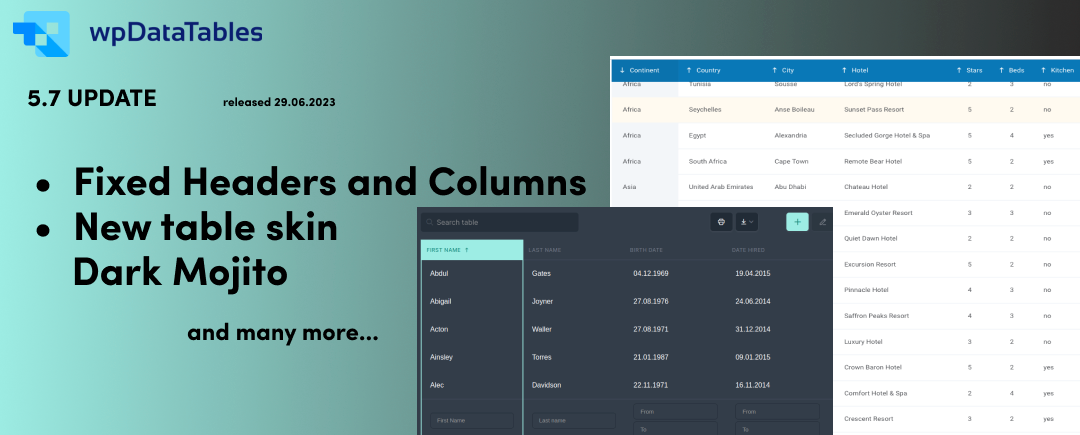 Update 5.7 – Fixed Headers/Columns, Calculated functions for Formula columns, Type in DB and Mojito Dark