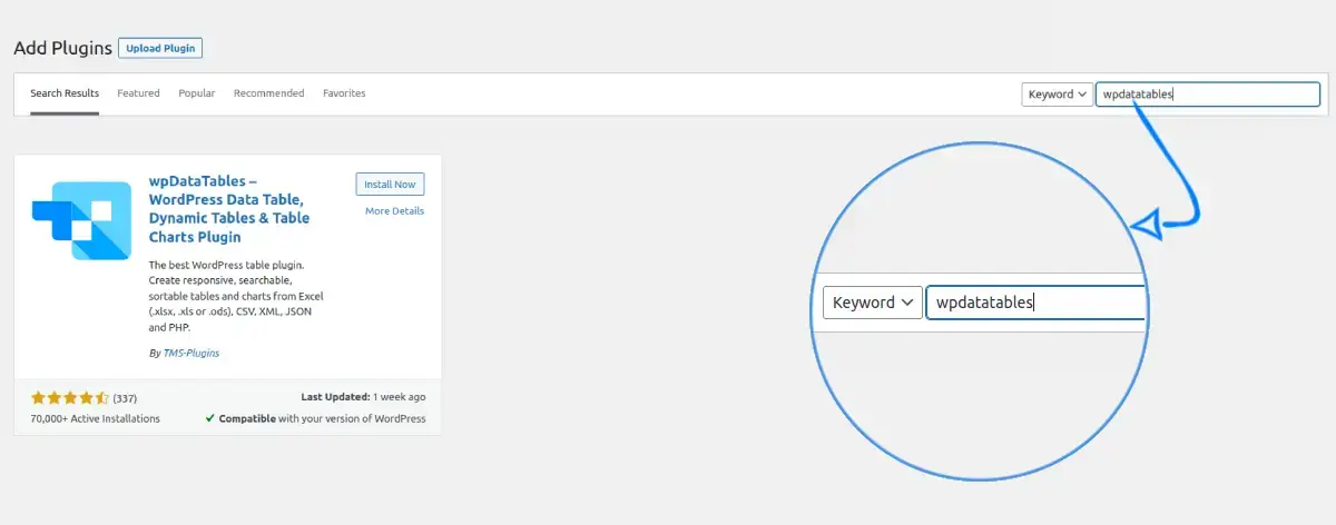 plugin search results for wpdatatables