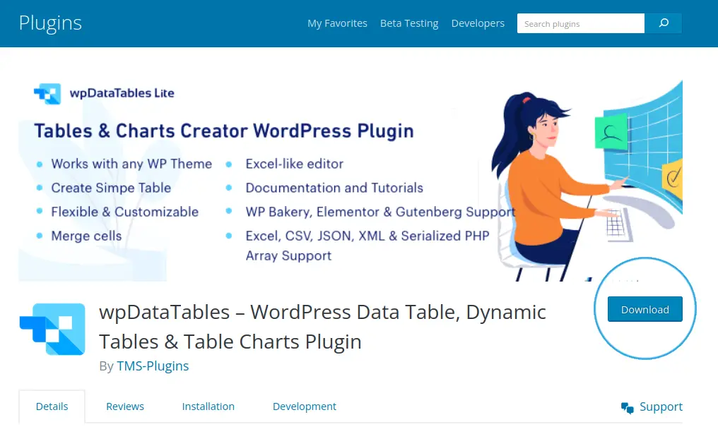 wordpress.org wpdatatables lite page