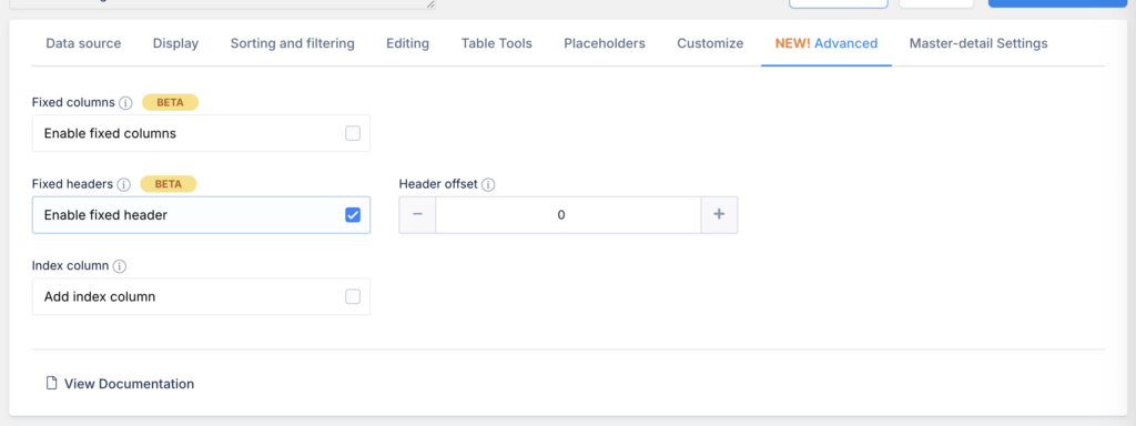 Fixed header in our table plugin
