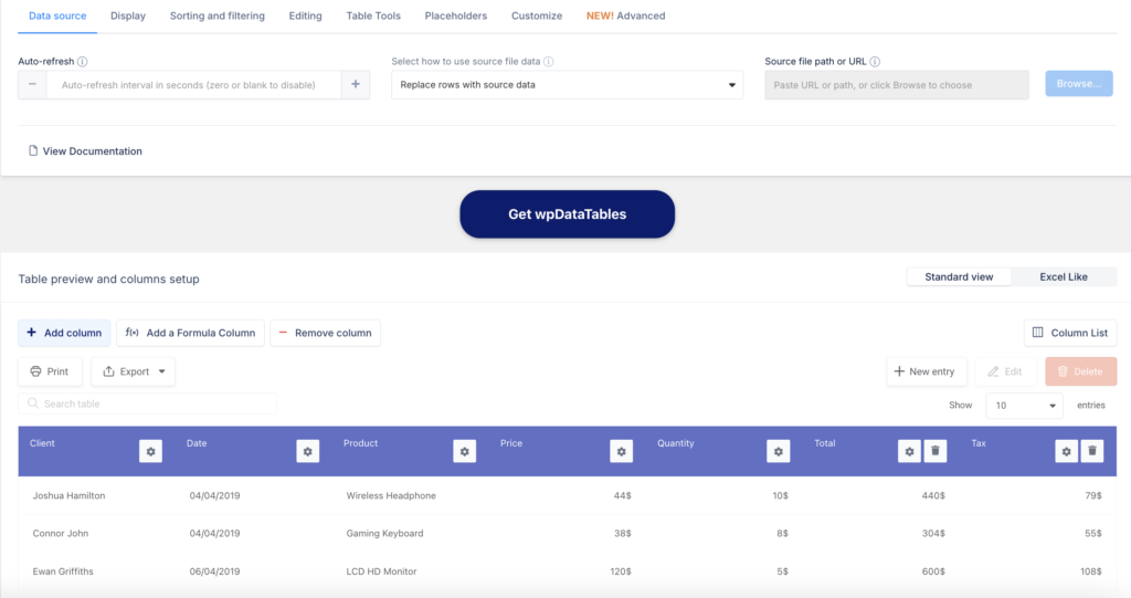 wpdatatables back-end user interface