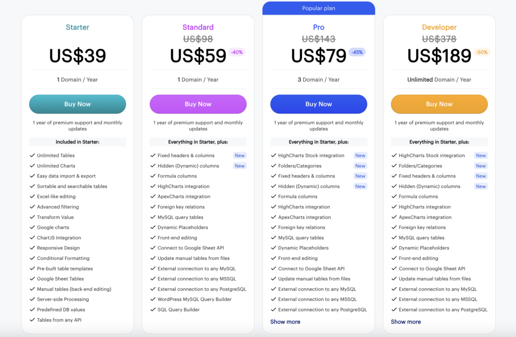 wpdatatables pricing plans screenshot