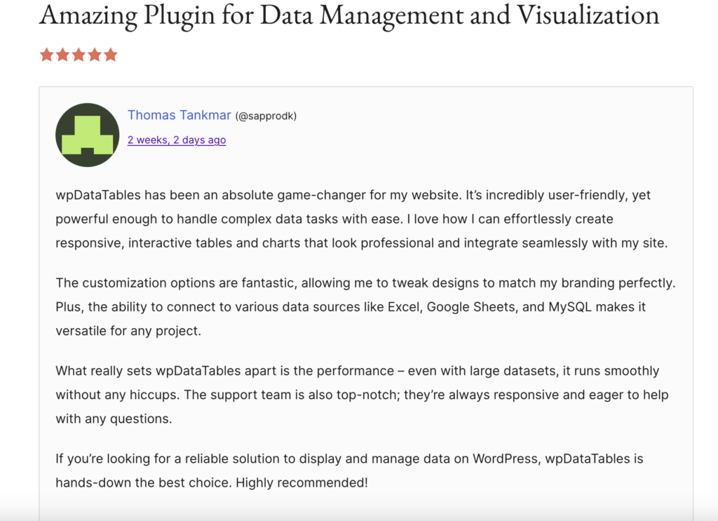 wpDataTables user review on how wpDataTables help simplify data management