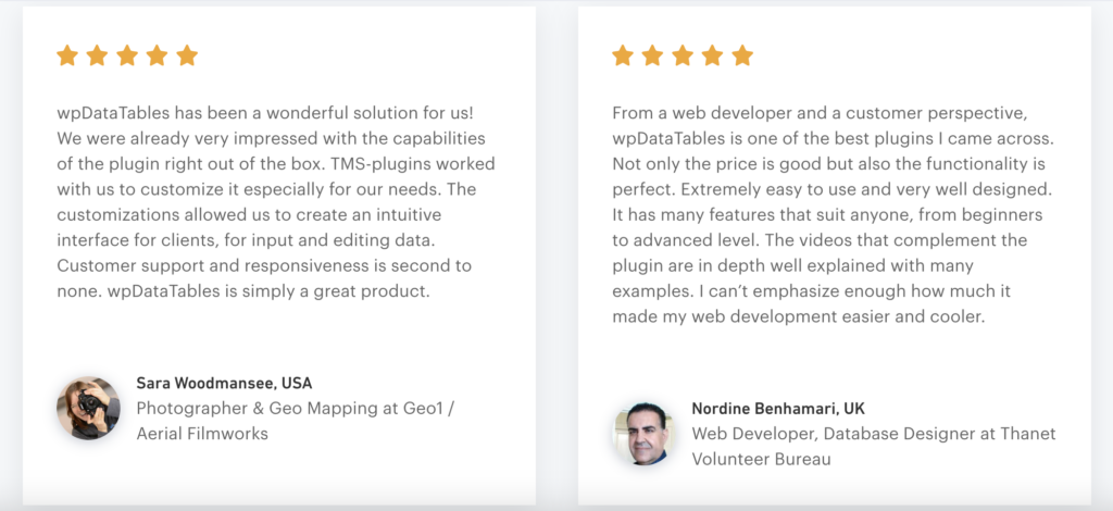 wpdatatables user reviews screenshot