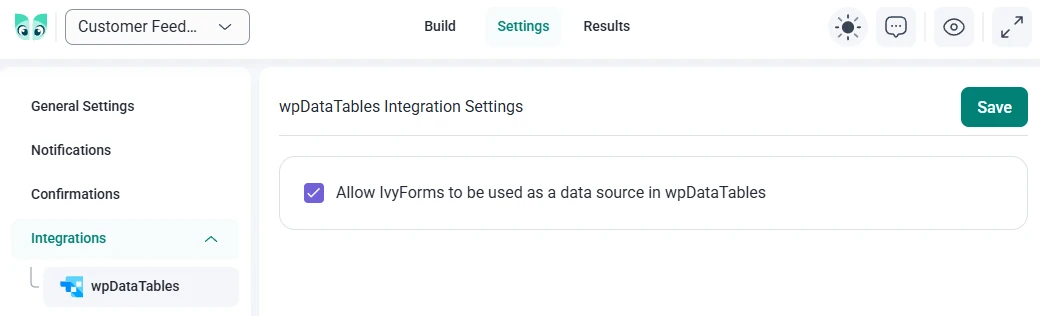 wpDataTables integration toggle enabled in Ivy Forms integration settings.