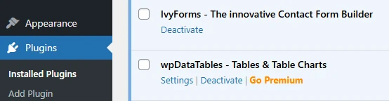 Ivy Forms and wpDataTables plugins shown as active in the WordPress Plugins page.