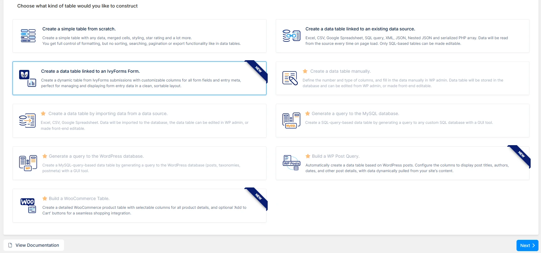 wpDataTables create table wizard showing the option to create a data table linked to an Ivy Forms form.