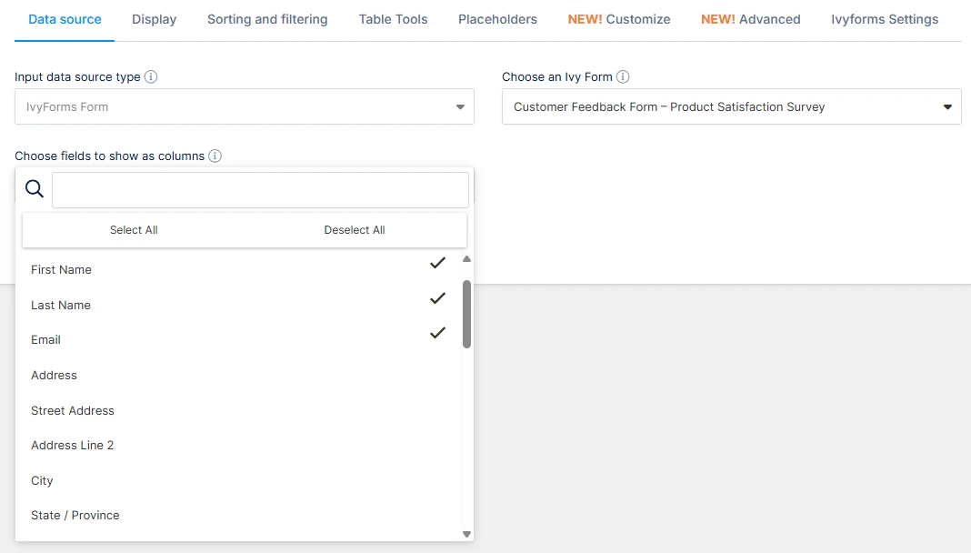 Field selection screen showing Ivy Forms fields and system fields available for wpDataTable creation.