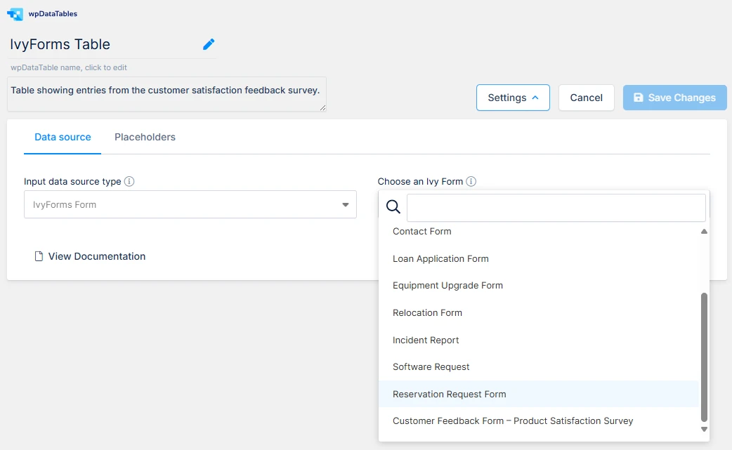 Table title, description, and available Ivy Forms for selection during wpDataTables table creation from Ivy Forms.