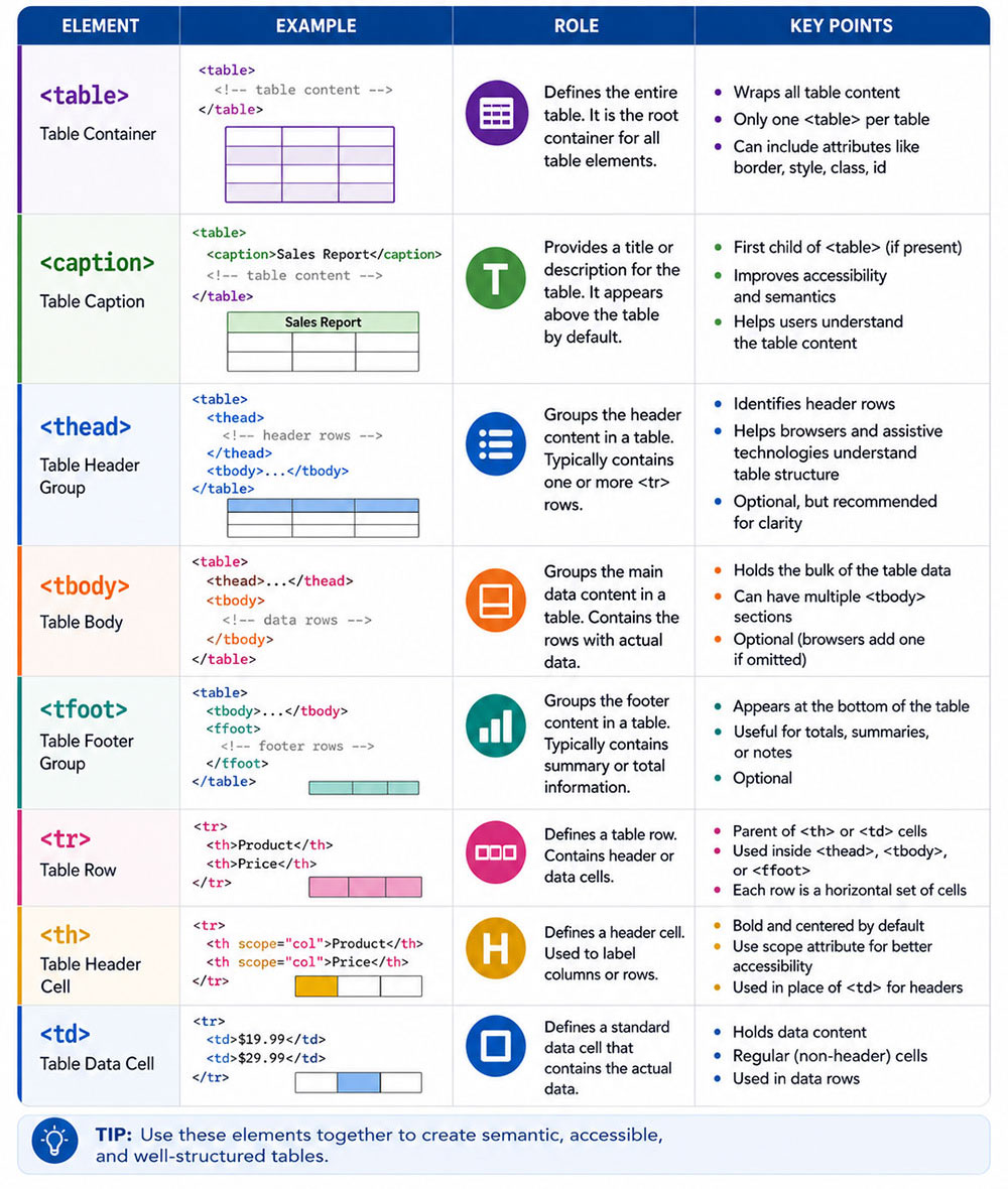 What Are the Core HTML Table Elements and Their Roles