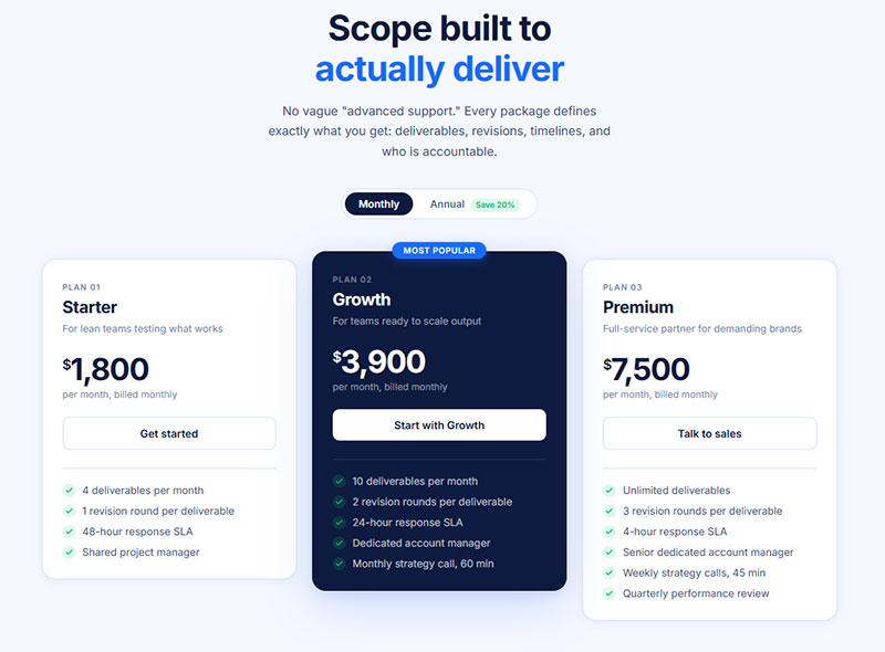 Package-based pricing tables