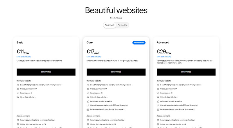 Squarespace pricing