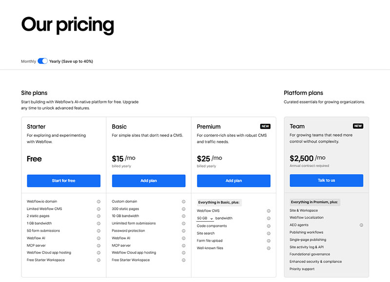 webflow pricing