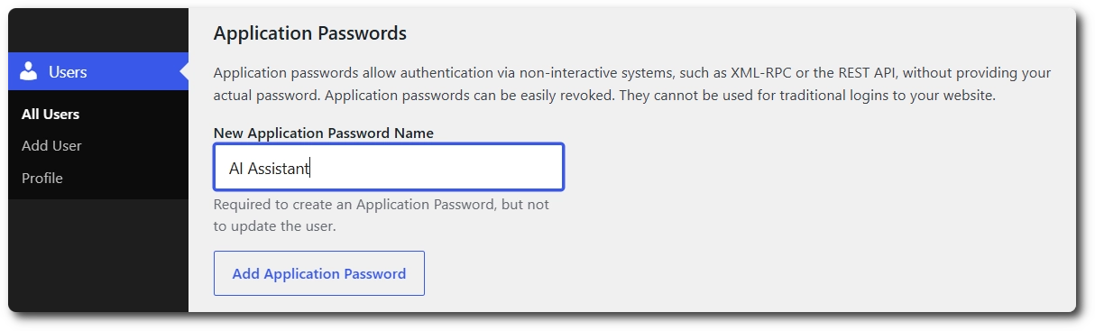 Creating a new WordPress application password in the user profile